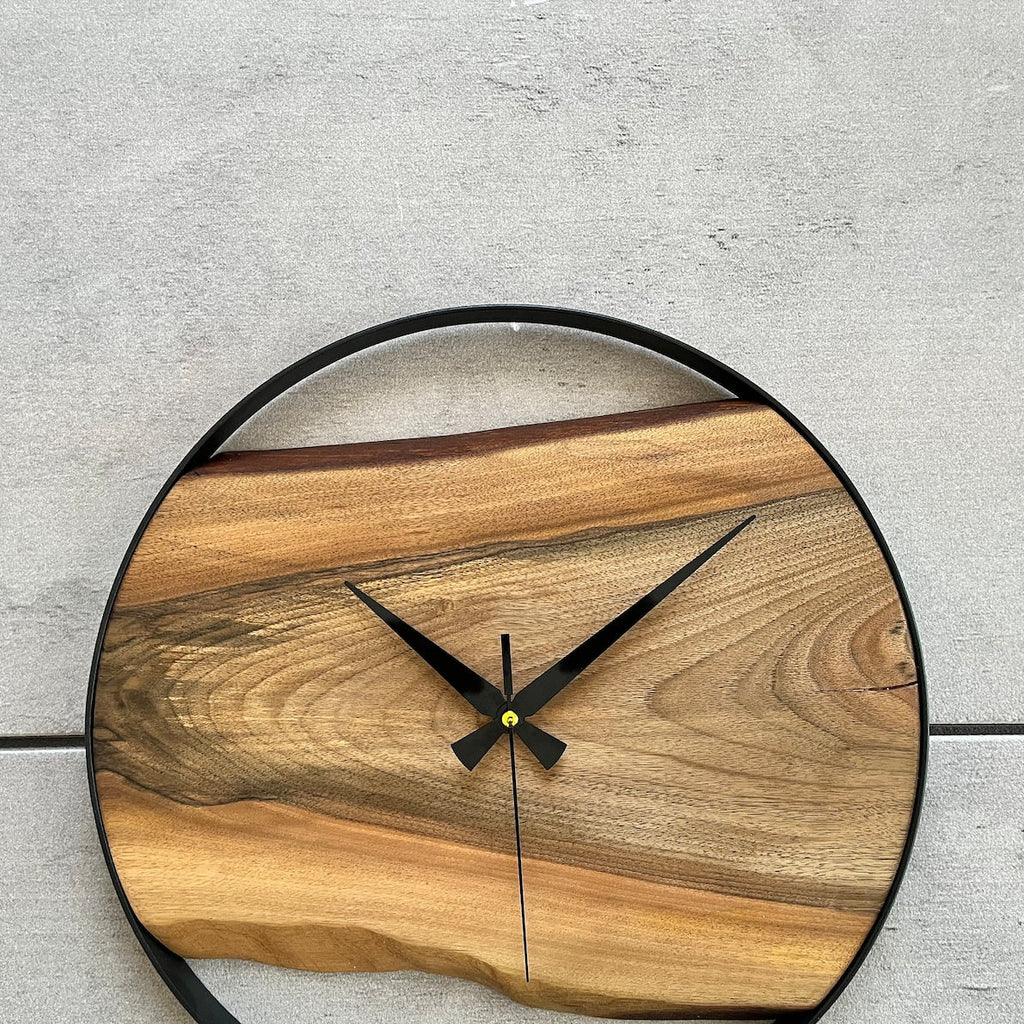 Handmade Wall Clock – Pure Wood & Black Metal –  14 inch Rustic Decor Metal
