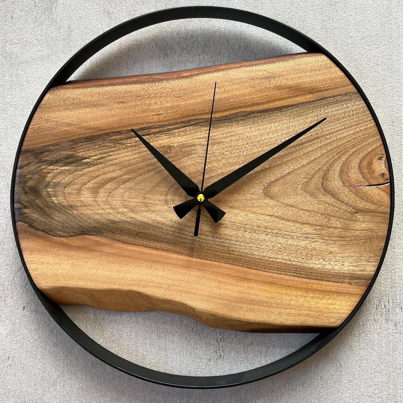 Handmade Wall Clock – Pure Wood & Black Metal –  14 inch Rustic Decor Metal