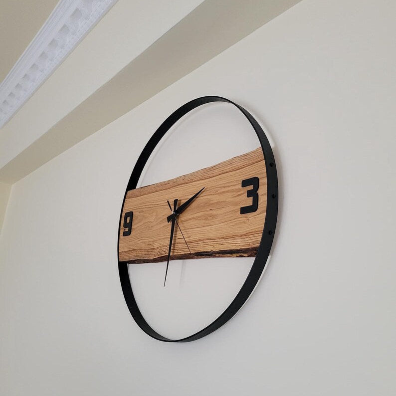 Handmade Wall Clock – Pure Wood & Black Metal –  14 inch Rustic Decor Metal