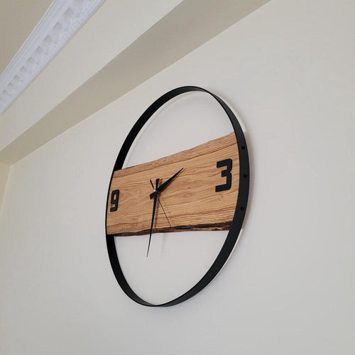 Handmade Wall Clock – Pure Wood & Black Metal –  14 inch Rustic Decor Metal