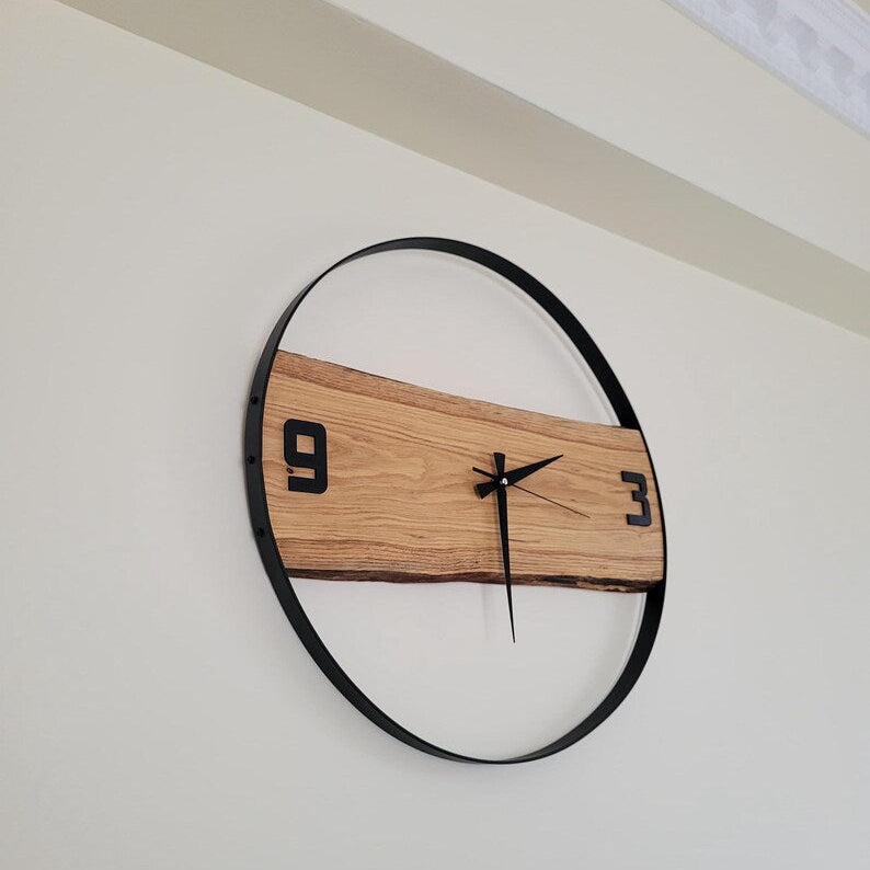 Handmade Wall Clock – Pure Wood & Black Metal –  14 inch Rustic Decor Metal