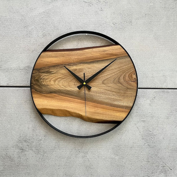 Handmade Wall Clock – Pure Wood & Black Metal –  14 inch Rustic Decor Metal