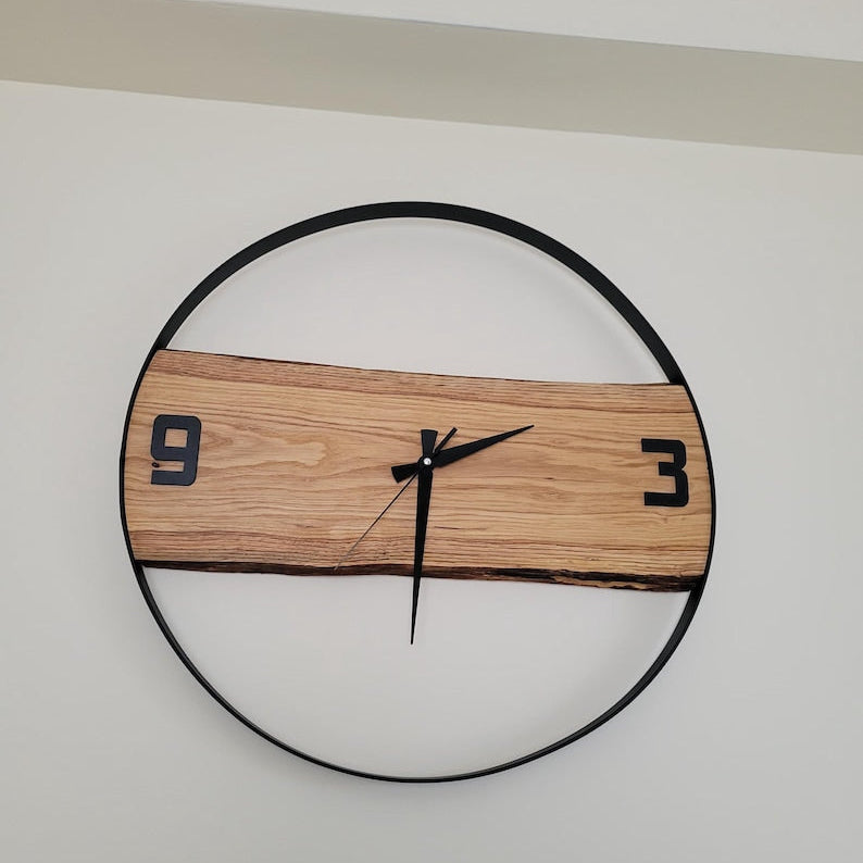 Handmade Wall Clock – Pure Wood & Black Metal –  14 inch Rustic Decor Metal