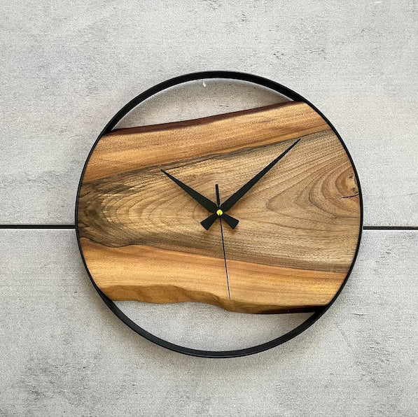 Handmade Wall Clock – Pure Wood & Black Metal –  14 inch Rustic Decor Metal