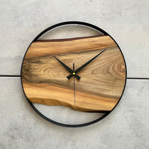 Handmade Wall Clock – Pure Wood & Black Metal –  14 inch Rustic Decor Metal