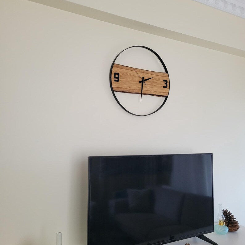 Handmade Wall Clock – Pure Wood & Black Metal –  14 inch Rustic Decor Metal